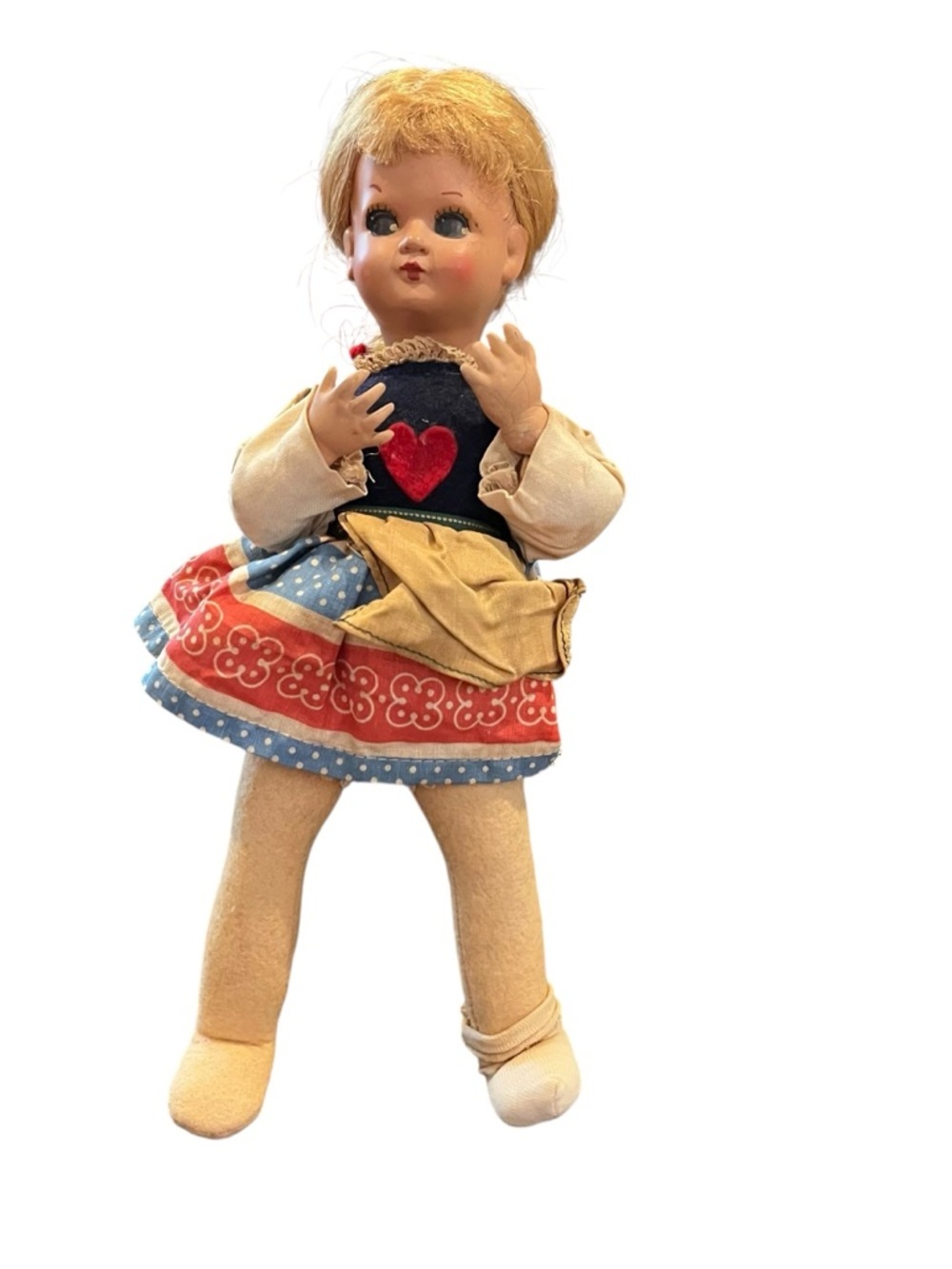 Antique 11” Composite Doll Blonde Braided Folk art Dress vintage